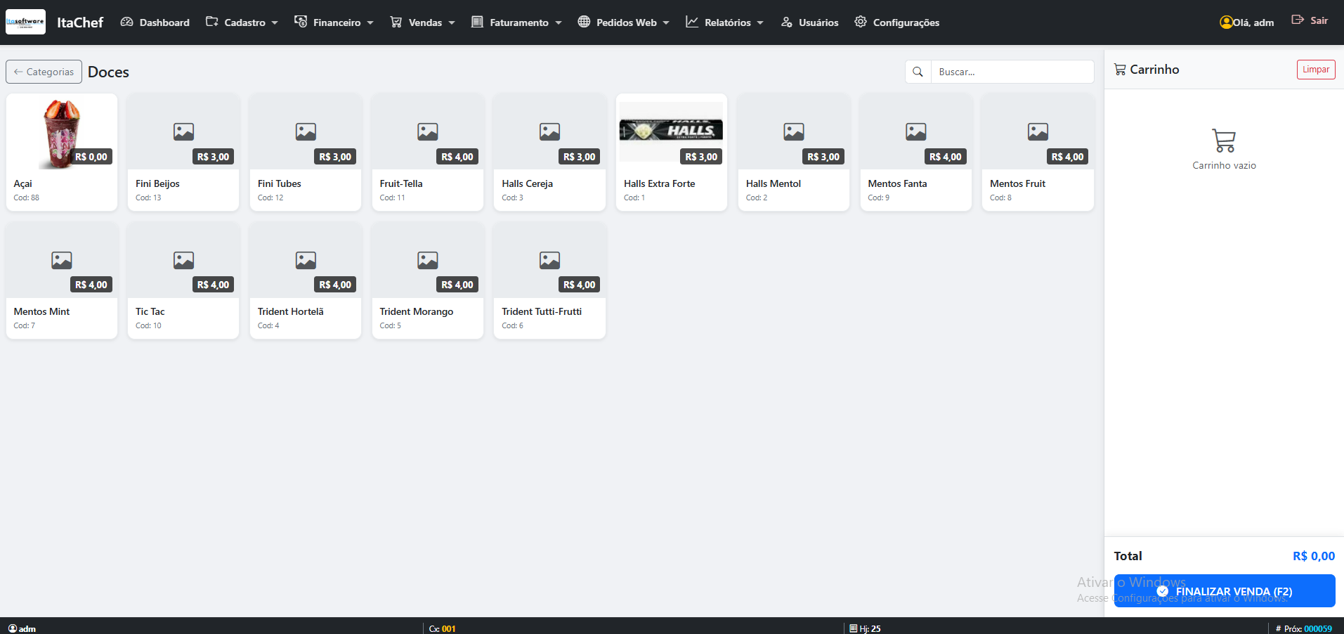 Tela do PDV Touch ItaChef